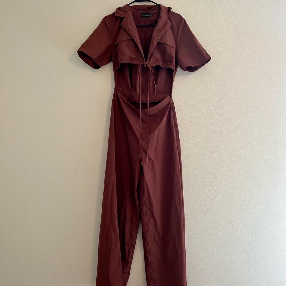 Chocolate short sleeve tie waist jumpsuit - Picture 8 of 9